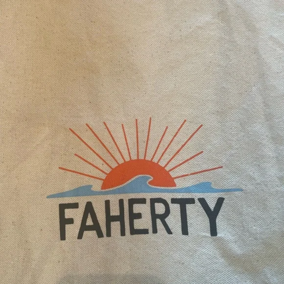 Faherty tote bag - canvas with orange and blue logo and trim. solofficialkw.com